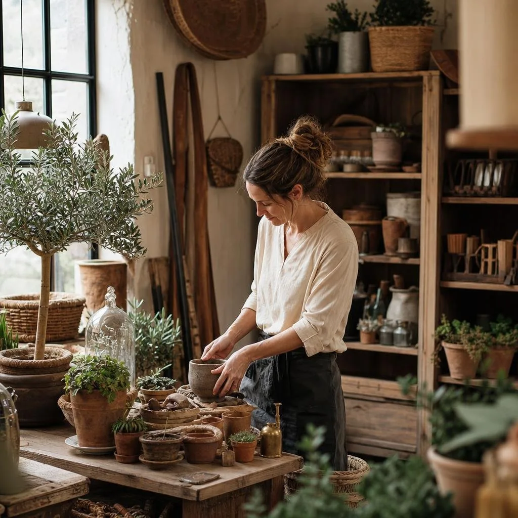 Quiet potting bench with terracotta pots and hand tools in natural light