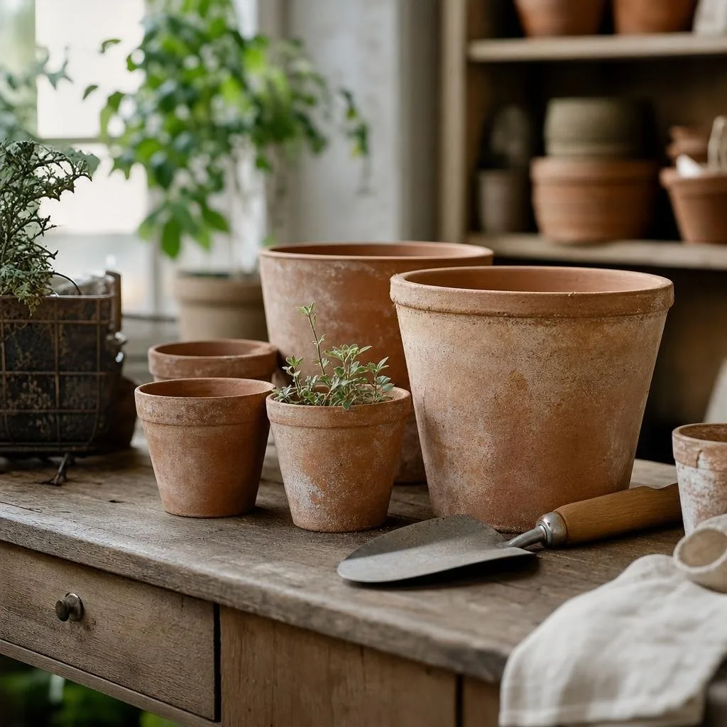 Terracotta planters and a hand trowel on a potting bench